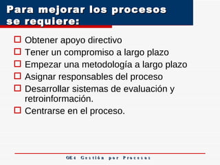 Para mejorar los procesos se requiere: Obtener apoyo directivo Tener un compromiso a largo plazo Empezar una metodología a largo plazo Asignar responsables del proceso Desarrollar sistemas de evaluación y retroinformación. Centrarse en el proceso. OE 4  G e s t i ó n  p o r  P r o c e s o s 