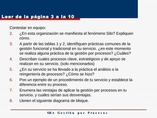 Leer de la página 3 a la 10 Contestar en equipo:  ¿En esta organización se manifiesta el fenómeno Silo? Expliquen cómo. A partir de las tablas 1 y 2, identifiquen prácticas comunes de la gestión funcional y tradicional en su servicio. ¿en este momento se realiza alguna práctica de la gestión por procesos? ¿Cuáles? Describan cuales procesos clave, estratégicos y de apoyo se realizan en su servicio. (solo mencionarlos)  ¿En su servicio se ha llevado a la práctica el análisis o la reingeniería de procesos? ¿Cómo se hizo? Pon un ejemplo de un procedimiento de tu servicio y establece la diferencia entre su proceso.  Enumera las ventajas de aplicar la gestión por procesos en tu servicio, y cuales serían sus desventajas.  Llenen el siguiente diagrama de bloque.  OE 4  G e s t i ó n  p o r  P r o c e s o s 