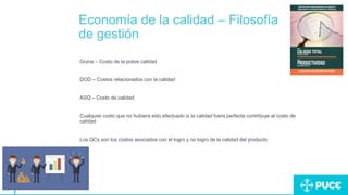 117
Economía de la calidad – Filosofía
de gestión
Gryna – Costo de la pobre calidad
DOD – Costos relacionados con la calidad
ASQ – Costo de calidad
Cualquier costo que no hubiera sido efectuado si la calidad fuera perfecta contribuye al costo de
calidad
Los QCs son los costos asociados con el logro y no logro de la calidad del producto
 