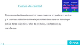 119
Costos de calidad
Representan la diferencia entre los costos reales de un producto o servicio
y el costo reducido si no hubiera la posibilidad de un tener un servicio por
debajo de los estándares, fallas de productos, o defectos en su
manufactura.
 
