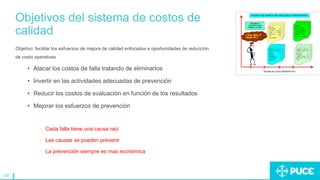 128
Objetivos del sistema de costos de
calidad
Objetivo: facilitar los esfuerzos de mejora de calidad enfocados a oportunidades de reducción
de costo operativas
• Atacar los costos de falla tratando de eliminarlos
• Invertir en las actividades adecuadas de prevención
• Reducir los costos de evaluación en función de los resultados
• Mejorar los esfuerzos de prevención
• Cada falla tiene una causa raiz
• Las causas se pueden prevenir
• La prevención siempre es mas económica
 