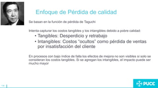 136
Enfoque de Pérdida de calidad
Se basan en la función de pérdida de Taguchi
Intenta capturar los costos tangibles y los intangibles debido a pobre calidad:
• Tangibles: Desperdicio y retrabajo
• Intangibles: Costos “ocultos” como pérdida de ventas
por insatisfacción del cliente
En procesos con bajo índice de falla los efectos de mejora no son visibles si solo se
consideran los costos tangibles. Si se agregan los intangibles, el impacto puede ser
mucho mayor
 