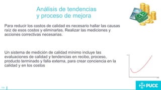 149
Análisis de tendencias
y proceso de mejora
Para reducir los costos de calidad es necesario hallar las causas
raíz de esos costos y eliminarlas. Realizar las mediciones y
acciones correctivas necesarias.
Un sistema de medición de calidad mínimo incluye las
evaluaciones de calidad y tendencias en recibo, proceso,
producto terminado y falla externa, para crear conciencia en la
calidad y en los costos
 