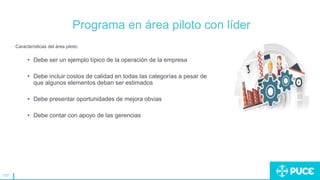 157
Programa en área piloto con líder
Características del área piloto:
• Debe ser un ejemplo típico de la operación de la empresa
• Debe incluir costos de calidad en todas las categorías a pesar de
que algunos elementos deban ser estimados
• Debe presentar oportunidades de mejora obvias
• Debe contar con apoyo de las gerencias
 