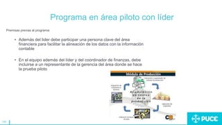 158
Programa en área piloto con líder
Premisas previas al programa:
• Además del lider debe participar una persona clave del área
financiera para facilitar la alineación de los datos con la información
contable
• En el equipo además del líder y del coordinador de finanzas, debe
incluirse a un representante de la gerencia del área donde se hace
la prueba piloto
 