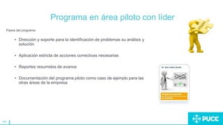160
Programa en área piloto con líder
Pasos del programa:
• Dirección y soporte para la identificación de problemas su análisis y
solución
• Aplicación estricta de acciones correctivas necesarias
• Reportes resumidos de avance
• Documentación del programa piloto como caso de ejemplo para las
otras áreas de la empresa
 