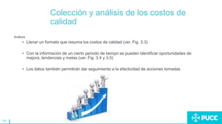 166
Colección y análisis de los costos de
calidad
Análisis
• Llenar un formato que resuma los costos de calidad (ver. Fig. 3.3)
• Con la información de un cierto periodo de tiempo se pueden identificar oportunidades de
mejora, tendencias y metas (ver. Fig. 3.4 y 3.5)
• Los datos también permitirán dar seguimiento a la efectividad de acciones tomadas
 