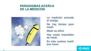 PARADIGMAS ACERCA
DE LA MEDICIÓN
La medición precede
al castigo.
No hay tiempo para
medir.
Medir es difícil.
Hay cosas imposibles
de medir.
Es más costoso medir
que hacer.
 
