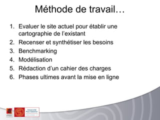 Méthode de travail…
1. Evaluer le site actuel pour établir une
   cartographie de l’existant
2. Recenser et synthétiser les besoins
3. Benchmarking
4. Modélisation
5. Rédaction d’un cahier des charges
6. Phases ultimes avant la mise en ligne
 
