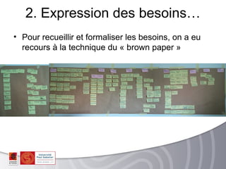 2. Expression des besoins…
• Pour recueillir et formaliser les besoins, on a eu
  recours à la technique du « brown paper »
 