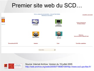 Premier site web du SCD…




    Source: Internet Archive. Version du 19 juillet 2005
    http://web.archive.org/web/20050719080109/http://www.scd.ups-tlse.fr/
 