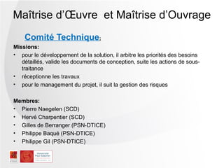 Maîtrise d’Œuvre et Maîtrise d’Ouvrage
    Comité Technique:
Missions:
• pour le développement de la solution, il arbitre les priorités des besoins
   détaillés, valide les documents de conception, suite les actions de sous-
   traitance
• réceptionne les travaux
• pour le management du projet, il suit la gestion des risques

Membres:
• Pierre Naegelen (SCD)
• Hervé Charpentier (SCD)
• Gilles de Berranger (PSN-DTICE)
• Philippe Baqué (PSN-DTICE)
• Philippe Gil (PSN-DTICE)
 