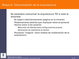 Etapa 6: Comunicación de la arquitectura Es necesario comunicar la arquitectura TIC a toda la empresa En papel o electrónicamente (página en la intranet) Presentaciones abiertas que impliquen tanto al personal técnico como a los usuarios Reducción de libertad para configuraciones propias Generación de resistencia al cambio Proyectos “insignia” como medios de implantación de la arquitectura 