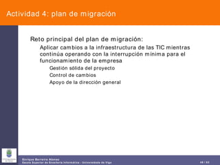 Actividad 4: plan de migración Reto principal del plan de migración: Aplicar cambios a la infraestructura de las TIC mientras continúa operando con la interrupción mínima para el funcionamiento de la empresa  Gestión sólida del proyecto Control de cambios Apoyo de la dirección general 
