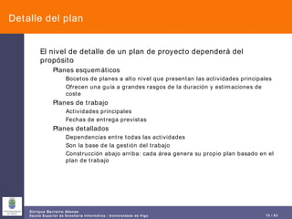 Detalle del plan El nivel de detalle de un plan de proyecto dependerá del propósito Planes esquemáticos Bocetos de planes a alto nivel que presentan las actividades principales Ofrecen una guía a grandes rasgos de la duración y estimaciones de coste Planes de trabajo Actividades principales Fechas de entrega previstas Planes detallados Dependencias entre todas las actividades Son la base de la gestión del trabajo Construcción abajo arriba: cada área genera su propio plan basado en el plan de trabajo 