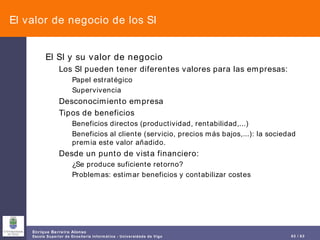 El valor de negocio de los SI El SI y su valor de negocio Los SI pueden tener diferentes valores para las empresas: Papel estratégico Supervivencia Desconocimiento empresa Tipos de beneficios Beneficios directos (productividad, rentabilidad,...) Beneficios al cliente (servicio, precios más bajos,...): la sociedad premia este valor añadido. Desde un punto de vista financiero: ¿Se produce suficiente retorno? Problemas: estimar beneficios y contabilizar costes 