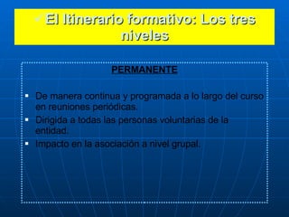 <ul><li>El Itinerario formativo: Los tres niveles </li></ul><ul><li>PERMANENTE </li></ul><ul><li>De manera continua y prog...