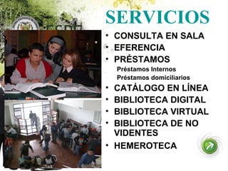 CONSULTA EN SALA EFERENCIA PRÉSTAMOS Préstamos Internos Préstamos domiciliarios CATÁLOGO EN LÍNEA BIBLIOTECA DIGITAL BIBLIOTECA VIRTUAL BIBLIOTECA DE NO VIDENTES HEMEROTECA SERVICIOS 