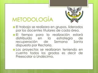 METODOLOGÍA
 Eltrabajo se realizara en grupos, liderados
  por los docentes titulares de cada área.
 El tiempo para la realización estará
  distribuido   en     la    estrategia    de
  recuperación       de    Semana       Santa
  dispuesto por Rectoría.
 Los proyectos se realizaran teniendo en
  cuenta todos los grados es decir de
  Preescolar a Undécimo.
 