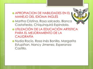  APROPIACION    DE HABILIDADES EN EL
  MANEJO DEL IDIOMA INGLÉS
 Martha Cristina, Rosa salcedo, Blanca
  Castañeda, Chiquinquirá Espindola.
 UTILIZACIÓN DE LA EDUCACIÓN ARTISTICA
  PARA EL MEJORAMIENTO DE LA
  CALIGRAFÍA
 Nydia Rocío, Rosa Inés Bonilla, Margarita
  Estupiñan, Nancy Jimenez, Esperanza
  Castillo.
 