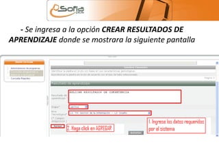 - Se ingresa a la opción CREAR RESULTADOS DE 
APRENDIZAJE donde se mostrara la siguiente pantalla 
 