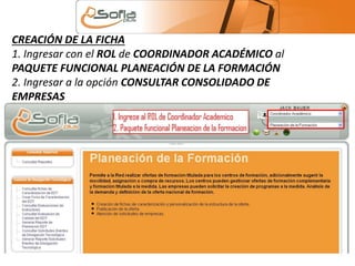 CREACIÓN DE LA FICHA 
1. Ingresar con el ROL de COORDINADOR ACADÉMICO al 
PAQUETE FUNCIONAL PLANEACIÓN DE LA FORMACIÓN 
2. Ingresar a la opción CONSULTAR CONSOLIDADO DE 
EMPRESAS 
 