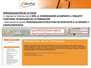 PERSONALIZACIÓN DE LA FICHA 
1. Ingresar al sistema con el ROL de COORDINADOR ACADÉMICO al PAQUETE 
FUNCIONAL PLANEACIÓN DE LA FORMACIÓN 
- Seleccionar la opción PERSONALIZAR ESTRUCTURA DE RESPUESTA A LA MEDIDA Y 
COMPLEMENTARIA 
 