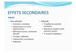 EFFETS	
  SECONDAIRES	
  
IMAO	
  	
  
  Non	
  sélectifs	
  
  Insomnie,	
  excitation	
  
  Hypotension	
  ou	
  crises	
  
hypertensives	
  
  Rétention	
  d’urine,	
  sécheresse	
  
buccale	
  
  Vertiges,	
  céphalées	
  
  Polynévrites,	
  convulsions	
  
  Hépatites	
  
  Sélectifs	
  
  Troubles	
  du	
  sommeil,	
  
excitation	
  
  Réactions	
  cutanées	
  (rash,	
  
urticaire,	
  prurit)	
  
  ↑	
  enzymes	
  hépaBques	
  
 