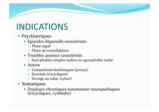 INDICATIONS	
  
  Psychiatriques	
  
  Episodes	
  dépressifs	
  caractérisés	
  
  Phase	
  aiguë	
  
  Phase	
  de	
  consolidation	
  
  Troubles	
  anxieux	
  caractérisés	
  
  Sauf	
  phobies	
  simples	
  isolées	
  ou	
  agoraphobie	
  isolée	
  
  Autres	
  
  Compulsions	
  boulimiques	
  (prozac)	
  
  Enurésie	
  (tricycliques)	
  
  Sevrage	
  au	
  tabac	
  (zyban)	
  
  Somatiques	
  
  Douleurs	
  chroniques	
  notamment	
  neuropathiques	
  
(tricycliques,	
  cymbalta)	
  
 