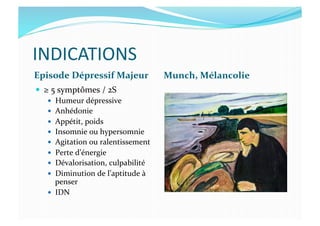 INDICATIONS	
  
Episode	
  Dépressif	
  Majeur	
   Munch,	
  Mélancolie	
  
  ≥	
  5	
  symptômes	
  /	
  2S	
  
  Humeur	
  dépressive	
  
  Anhédonie	
  
  Appétit,	
  poids	
  
  Insomnie	
  ou	
  hypersomnie	
  
  Agitation	
  ou	
  ralentissement	
  
  Perte	
  d’énergie	
  
  Dévalorisation,	
  culpabilité	
  
  Diminution	
  de	
  l’aptitude	
  à	
  
penser	
  
  IDN	
  
 