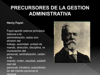 Henry Fayol:
Fayol aportó catorce principios
básicos a la
administración, estos son:
división del
trabajo, autoridad, unidad de
mando, dirección, disciplina, re
muneración del
personal, centralización, caden
a de
mando, orden, equidad, estabili
dad del
personal, iniciativa, subordinaci
ón del interés personal al

 