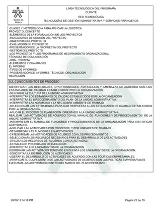 Modelo de 
Mejora 
LÍNEA TECNOLÓGICA DEL PROGRAMA 
CLIENTE 
RED TECNOLÓGICA 
TECNOLOGÍAS DE GESTIÓN ADMINISTRATIVA Y SERVICIOS FINANCIEROS 
-CLASES Y METODOLOGÍA PARA APLICAR LA LOGÍSTICA 
PROYECTO, CONCEPTO 
-ELEMENTOS DE LA FORMULACIÓN DE LOS PROYECTOS 
-INDICADORES DE GESTIÓN DEL PROYECTO 
-OBJETIVOS DEL PROYECTO 
-EVALUACIÓN DE PROYECTOS 
-PRESENTACIÓN DE LA PROPUESTA DEL PROYECTO 
-GESTIÓN DEL PROYECTO 
-LOS PROYECTOS Y LOS PROGRAMAS DE MEJORAMIENTO ORGANIZACIONAL 
TÉCNICAS DE COMUNICACIÓN 
-ORAL, ESCRITA 
-ELEMENTOS Y CUALIDADES 
EL INFORME 
-TIPOS DE INFORMES 
-PRESENTACIÓN DE INFORMES TÉCNICOS, ORGANIZACIÓN 
REDACCIÓN 
3.2. CONOCIMIENTOS DE PROCESO 
IDENTIFICAR LAS DEBILIDADES, OPORTUNIDADES, FORTALEZAS Y AMENAZAS DE ACUERDO CON LOS 
ESTÁNDARES DE CALIDAD ESTABLECIDOS POR LA ORGANIZACIÓN. 
-DESCRIBIR LA CULTURA DE LA UNIDAD ADMINISTRATIVA 
-INTERPRETAR LOS ESTÁNDARES DE CALIDAD ESTABLECIDOS POR LA ORGANIZACIÓN 
-INTERPRETAR EL DIRECCIONAMIENTO DEL PLAN DE LA UNIDAD ADMINISTRATIVA. 
-INTERPRETAR LAS NORMA ISO Y LA NTC SOBRE AMBIENTE DE TRABAJO 
-SELECCIONAR LAS ESTRATEGIAS PARA DAR RESPUESTA A LOS ESTÁNDARES DE CALIDAD ESTABLECIDOS 
POR LA ORGANIZACIÓN, 
-APLICAR EL PROCESO DE PLANEACIÓN ORIENTADO A LA UNIDAD ADMINISTRATIVA. 
REALIZAR LAS ACTIVIDADES DE ACUERDO CON EL MANUAL DE FUNCIONES Y DE PROCEDIMIENTOS DE LA 
UNIDAD ADMINISTRATIVA. 
-INTERPRETAR EL MANUAL DE FUNCIONES Y PROCEDIMIENTOS DE LA ORGANIZACIÓN PARA IDENTIFICAR 
ACTIVIDADES. 
-AGRUPAR LAS ACTIVIDADES POR PROCESOS Y POR UNIDADES DE TRABAJO. 
-DESAGREGAR LAS FUNCIONES EN ACTIVIDADES 
-CATEGORIZAR LAS ACTIVIDADES DE ACUERDO CON LOS PROCEDIMIENTOS 
-SELECCIONAR LOS RECURSOS NECESARIOS PARA EL DESARROLLO DE LAS ACTIVIDADES 
-UTILIZAR LOS RECURSOS DE ACUERDO CON LA ACTIVIDAD. 
-ESTABLECER PRIORIDADES DE EJECUCIÓN 
-INTERPRETAR LOS LINEAMIENTOS DE LA ORGANIZACIÓN 
COORDINAR LAS ACTIVIDADES TENIENDO EN CUENTA LOS LINEAMIENTOS DE LA ORGANIZACIÓN. 
-CONCERTAR LA DISTRIBUCIÓN DE ACTIVIDADES 
-LIDERAR EL DESARROLLO DE ACTIVIDADES DE ACUERDO CON LAS POLÍTICAS EMPRESARIALES. 
-VERIFICAR EL CUMPLIMIENTO DE LAS ACTIVIDADES DE ACUERDO CON LAS POLÍTICAS EMPRESARIALES 
EJECUTAR LAS ACTIVIDADES DENTRO DEL MARCO DEL PLAN OPERATIVO 
20/09/13 04:18 PM Página 22 de 79 
 