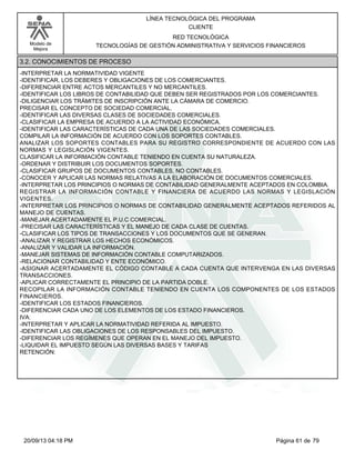 Modelo de 
Mejora 
LÍNEA TECNOLÓGICA DEL PROGRAMA 
CLIENTE 
RED TECNOLÓGICA 
TECNOLOGÍAS DE GESTIÓN ADMINISTRATIVA Y SERVICIOS FINANCIEROS 
3.2. CONOCIMIENTOS DE PROCESO 
-INTERPRETAR LA NORMATIVIDAD VIGENTE 
-IDENTIFICAR, LOS DEBERES Y OBLIGACIONES DE LOS COMERCIANTES. 
-DIFERENCIAR ENTRE ACTOS MERCANTILES Y NO MERCANTILES. 
-IDENTIFICAR LOS LIBROS DE CONTABILIDAD QUE DEBEN SER REGISTRADOS POR LOS COMERCIANTES. 
-DILIGENCIAR LOS TRÁMITES DE INSCRIPCIÓN ANTE LA CÁMARA DE COMERCIO. 
PRECISAR EL CONCEPTO DE SOCIEDAD COMERCIAL. 
-IDENTIFICAR LAS DIVERSAS CLASES DE SOCIEDADES COMERCIALES. 
-CLASIFICAR LA EMPRESA DE ACUERDO A LA ACTIVIDAD ECONÓMICA. 
-IDENTIFICAR LAS CARACTERÍSTICAS DE CADA UNA DE LAS SOCIEDADES COMERCIALES. 
COMPILAR LA INFORMACIÓN DE ACUERDO CON LOS SOPORTES CONTABLES. 
ANALIZAR LOS SOPORTES CONTABLES PARA SU REGISTRO CORRESPONDIENTE DE ACUERDO CON LAS 
NORMAS Y LEGISLACIÓN VIGENTES. 
CLASIFICAR LA INFORMACIÓN CONTABLE TENIENDO EN CUENTA SU NATURALEZA. 
-ORDENAR Y DISTRIBUIR LOS DOCUMENTOS SOPORTES. 
-CLASIFICAR GRUPOS DE DOCUMENTOS CONTABLES, NO CONTABLES. 
-CONOCER Y APLICAR LAS NORMAS RELATIVAS A LA ELABORACIÓN DE DOCUMENTOS COMERCIALES. 
-INTERPRETAR LOS PRINCIPIOS O NORMAS DE CONTABILIDAD GENERALMENTE ACEPTADOS EN COLOMBIA. 
REGISTRAR LA INFORMACIÓN CONTABLE Y FINANCIERA DE ACUERDO LAS NORMAS Y LEGISLACIÓN 
VIGENTES. 
-INTERPRETAR LOS PRINCIPIOS O NORMAS DE CONTABILIDAD GENERALMENTE ACEPTADOS REFERIDOS AL 
MANEJO DE CUENTAS. 
-MANEJAR ACERTADAMENTE EL P.U.C COMERCIAL. 
-PRECISAR LAS CARACTERÍSTICAS Y EL MANEJO DE CADA CLASE DE CUENTAS. 
-CLASIFICAR LOS TIPOS DE TRANSACCIONES Y LOS DOCUMENTOS QUE SE GENERAN. 
-ANALIZAR Y REGISTRAR LOS HECHOS ECONÓMICOS. 
-ANALIZAR Y VALIDAR LA INFORMACIÓN. 
-MANEJAR SISTEMAS DE INFORMACIÓN CONTABLE COMPUTARIZADOS. 
-RELACIONAR CONTABILIDAD Y ENTE ECONÓMICO. 
-ASIGNAR ACERTADAMENTE EL CÓDIGO CONTABLE A CADA CUENTA QUE INTERVENGA EN LAS DIVERSAS 
TRANSACCIONES. 
-APLICAR CORRECTAMENTE EL PRINCIPIO DE LA PARTIDA DOBLE. 
RECOPILAR LA INFORMACIÓN CONTABLE TENIENDO EN CUENTA LOS COMPONENTES DE LOS ESTADOS 
FINANCIEROS. 
-IDENTIFICAR LOS ESTADOS FINANCIEROS. 
-DIFERENCIAR CADA UNO DE LOS ELEMENTOS DE LOS ESTADO FINANCIEROS. 
IVA: 
-INTERPRETAR Y APLICAR LA NORMATIVIDAD REFERIDA AL IMPUESTO. 
-IDENTIFICAR LAS OBLIGACIONES DE LOS RESPONSABLES DEL IMPUESTO. 
-DIFERENCIAR LOS REGÍMENES QUE OPERAN EN EL MANEJO DEL IMPUESTO. 
-LIQUIDAR EL IMPUESTO SEGÚN LAS DIVERSAS BASES Y TARIFAS 
RETENCIÓN: 
20/09/13 04:18 PM Página 61 de 79 
 