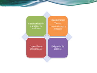 Sistematización 
y análisis de 
acciones 
Organigramas 
Tareas 
Uso de tiempo y 
espacios 
Capacidades 
individuales 
Exigencia de 
cambio 
 