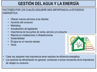 GESTIÓN DEL AGUA Y LA ENERGÍA
FACTORES POR LOS CUALES ADQUIERE MÁS IMPORTANCIA LA EFICIENCIA
ENERGÉTICA:
• Ofrecer nuevos servicios a los clientes
• Aumento del consumo
• Marketing
• Actualización de legislación
• Importancia de los puntos de venta, servicio y/o consumo
• Mejoras en instalaciones o infraestructuras
• Sostenibilidad
• El agua es un recurso escaso
• Otros
• Cada vez adquiere más importancia tener estudios de eficiencia energética
• Los sectores de alimentación en general, comienzan a tomar conciencia de la importancia
de rebajar su consumo
 