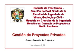 Gestión de Proyectos Privados
Curso: Gerencia de Proyectos
Ayacucho, enero de 2014

 