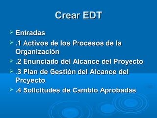 Crear EDTCrear EDT
 EntradasEntradas
 .1 Activos de los Procesos de la.1 Activos de los Procesos de la
OrganizaciónOrganización
 .2 Enunciado del Alcance del Proyecto.2 Enunciado del Alcance del Proyecto
 ..3 Plan de Gestión del Alcance del3 Plan de Gestión del Alcance del
ProyectoProyecto
 .4 Solicitudes de Cambio Aprobadas.4 Solicitudes de Cambio Aprobadas
 
