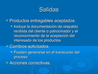 SalidasSalidas
 Productos entregables aceptados.Productos entregables aceptados.

Incluye la documentación de respaldoIncluye la documentación de respaldo
recibida del cliente o patrocinador y elrecibida del cliente o patrocinador y el
reconocimiento de la aceptación delreconocimiento de la aceptación del
interesado de los productos.interesado de los productos.
 Cambios solicitados.Cambios solicitados.

Pueden generarse en el transcurso delPueden generarse en el transcurso del
proceso.proceso.
 Acciones correctivas.Acciones correctivas.
 