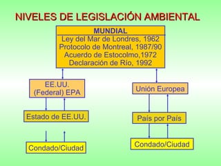 NIVELES DE LEGISLACIÓN AMBIENTAL MUNDIAL Ley del Mar de Londres, 1962 Protocolo de Montreal, 1987/90 Acuerdo de Estocolmo,1972 Declaración de Río, 1992 EE.UU. (Federal) EPA Estado de EE.UU. Condado/Ciudad Unión Europea País por País Condado/Ciudad 