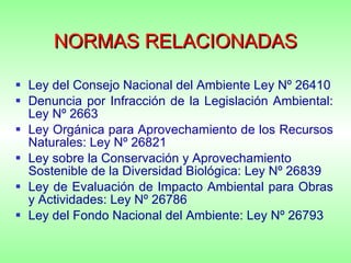 NORMAS RELACIONADAS Ley del Consejo Nacional del Ambiente Ley Nº 26410 Denuncia por Infracción de la Legislación Ambiental: Ley Nº 2663 Ley Orgánica para Aprovechamiento de los Recursos   Naturales: Ley Nº 26821 Ley sobre la Conservación y Aprovechamiento Sostenible de la Diversidad Biológica: Ley Nº 26839 Ley de Evaluación de Impacto Ambiental para Obras y Actividades: Ley Nº 26786 Ley del Fondo Nacional del Ambiente: Ley Nº 26793 