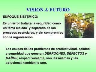 VISION A FUTURO ENFOQUE SISTEMICO: Es un error tratar a la seguridad como un tema aislado  y separado de los procesos esenciales, y sin compromiso con la organización. Las causas de los problemas de productividad, calidad y seguridad que generan  DERROCHES, DEFECTOS y DAÑOS , respectivamente, son las mismas y las soluciones también lo son. 