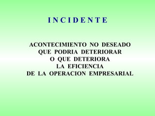 I N C I D E N T E ACONTECIMIENTO  NO  DESEADO QUE  PODRIA  DETERIORAR O  QUE  DETERIORA LA  EFICIENCIA DE  LA  OPERACION  EMPRESARIAL 