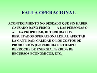 FALLA OPERACIONAL ACONTECIMIENTO NO DESEADO QUE SIN HABER CAUSADO DAÑO FISICO  A LAS PERSONAS O A  LA PROPIEDAD, DETERIORA LOS RESULTADOS OPERACIONALES, AL AFECTAR LA CANTIDAD, CALIDAD O LOS COSTOS DE PRODUCCION (EJ: PERDIDA DE TIEMPO, DERROCHE DE ENERGIA, PERDIDA DE RECURSOS ECONOMICOS, ETC. 