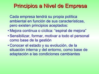 Principios a Nivel de Empresa Cada empresa tendrá su propia política ambiental en función de sus características, pero existen principios aceptados: Mejora continua o cíclica: “espiral de mejora” Sensibilizar, formar, motivar a todo el personal como base de la gestión Conocer el estado y su evolución, de la situación interna y del entorno, como base de adaptación a las condiciones cambiantes 