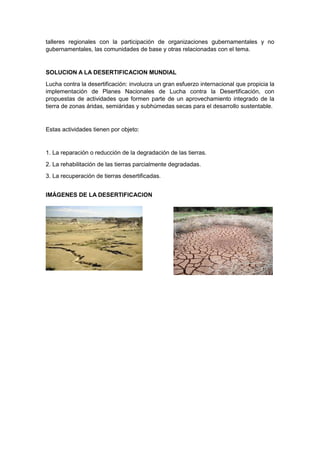 talleres regionales con la participación de organizaciones gubernamentales y no
gubernamentales, las comunidades de base y otras relacionadas con el tema.


SOLUCION A LA DESERTIFICACION MUNDIAL
Lucha contra la desertificación: involucra un gran esfuerzo internacional que propicia la
implementación de Planes Nacionales de Lucha contra la Desertificación, con
propuestas de actividades que formen parte de un aprovechamiento integrado de la
tierra de zonas áridas, semiáridas y subhúmedas secas para el desarrollo sustentable.


Estas actividades tienen por objeto:


1. La reparación o reducción de la degradación de las tierras.
2. La rehabilitación de las tierras parcialmente degradadas.
3. La recuperación de tierras desertificadas.


IMÁGENES DE LA DESERTIFICACION
 