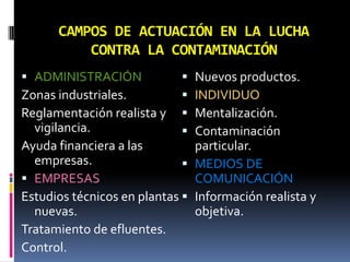 CAMPOS DE ACTUACIÓN EN LA LUCHA
          CONTRA LA CONTAMINACIÓN
 ADMINISTRACIÓN              Nuevos productos.
Zonas industriales.           INDIVIDUO
Reglamentación realista y     Mentalización.
  vigilancia.                 Contaminación
Ayuda financiera a las         particular.
  empresas.                   MEDIOS DE
 EMPRESAS                     COMUNICACIÓN
Estudios técnicos en plantas  Información realista y
  nuevas.                      objetiva.
Tratamiento de efluentes.
Control.
 