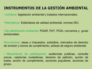 •

Jurídicos: legislación ambiental y tratados internacionales.

•

Normativos: Estándares de calidad ambiental, normas ISO.

De planificación ambiental: PGAR, PAT, POAI, convenios y guías
ambientales.
•

•Económicos:

tasas o impuestos, subsidios, mercados de derecho
de emisión y bonos de cumplimiento, pólizas de seguro ambiental.
Mecanismos de participación: audiencias publicas, consulta
previa, veedurías ciudadanas, derecho de petición, acción de
tutela, acción de cumplimiento, acciones populares, acciones de
grupo.
•

 