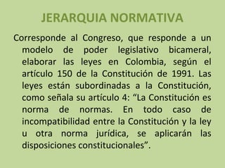 JERARQUIA NORMATIVA
Corresponde al Congreso, que responde a un
modelo de poder legislativo bicameral,
elaborar las leyes en Colombia, según el
artículo 150 de la Constitución de 1991. Las
leyes están subordinadas a la Constitución,
como señala su artículo 4: “La Constitución es
norma de normas. En todo caso de
incompatibilidad entre la Constitución y la ley
u otra norma jurídica, se aplicarán las
disposiciones constitucionales”.

 