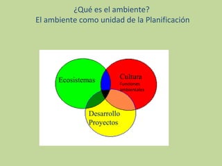 ¿Qué es el ambiente?
El ambiente como unidad de la Planificación

Ecosistemas

Cultura
Funciones
ambientales

Desarrollo
Proyectos

 