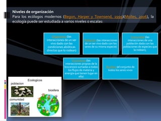 Niveles de organización
Para los ecólogos modernos (Begon, Harper y Townsend, 1999)(Molles, 2006), la
ecología puede ser estudiada a varios niveles o escalas:
Organismo (las
interacciones de un ser
vivo dado con las
condiciones abióticas
directas que lo rodean)
Población (las interacciones
de un ser vivo dado con los
seres de su misma especie)
Comunidad (las
interacciones de una
población dada con las
poblaciones de especies que
la rodean),
Ecosistema (las
interacciones propias de la
biocenosis sumadas a todos
los flujos de materia y
energía que tienen lugar en
ella)
Biosfera (el conjunto de
todos los seres vivos
 